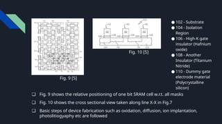 ● 102 - Substrate
● 104 - Isolation
Region
● 106 - High-K gate
insulator (Hafnium
oxide)
● 108 - Another
Insulator (Titanium
Nitride)
● 110 - Dummy gate
electrode material
(Polycrystalline
silicon)
❏ Fig. 9 shows the relative positioning of one bit SRAM cell w.r.t. all masks
❏ Fig. 10 shows the cross sectional view taken along line X-X in Fig.7
❏ Basic steps of device fabrication such as oxidation, diffusion, ion implantation,
photolitiogyaphy etc are followed
Fig. 9 [5]
Fig. 10 [5]
 