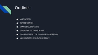 Outlines
● MOTIVATION
● INTRODUCTION
● SRAM CIRCUIT DESIGN
● EXPERIMENTAL FABRICATION
● FIGURE OF MERIT OF DIFFERENT GENERATION
● APPLICATIONS AND FUTURE SCOPE
 