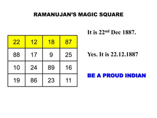 RAMANUJAN’S MAGIC SQUARE


                    It is 22nd Dec 1887.
22   12   18   87

88   17   9    25   Yes. It is 22.12.1887

10   24   89   16
                    BE A PROUD INDIAN
19   86   23   11
 