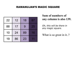RAMANUJAN’S MAGIC SQUARE


                    Sum of numbers of
22   12   18   87   any column is also 139.

88   17   9    25   Oh, this will be there in
                    any magic square.

10   24   89   16
                    What is so great in it..?
19   86   23   11
 