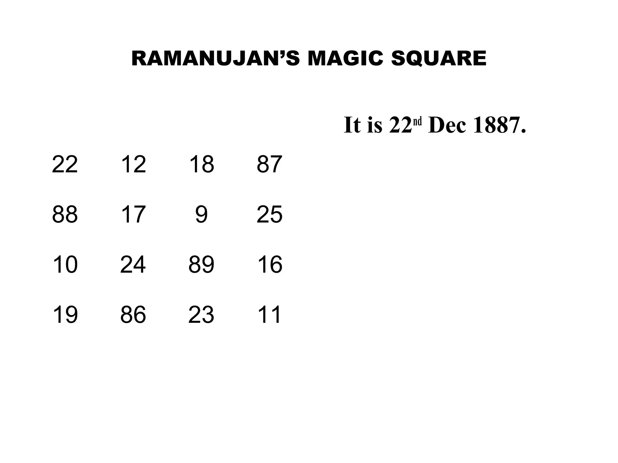 RAMANUJAN’S MAGIC SQUARE
22 12 18 87
88 17 9 25
10 24 89 16
19 86 23 11
It is 22nd
Dec 1887.
 