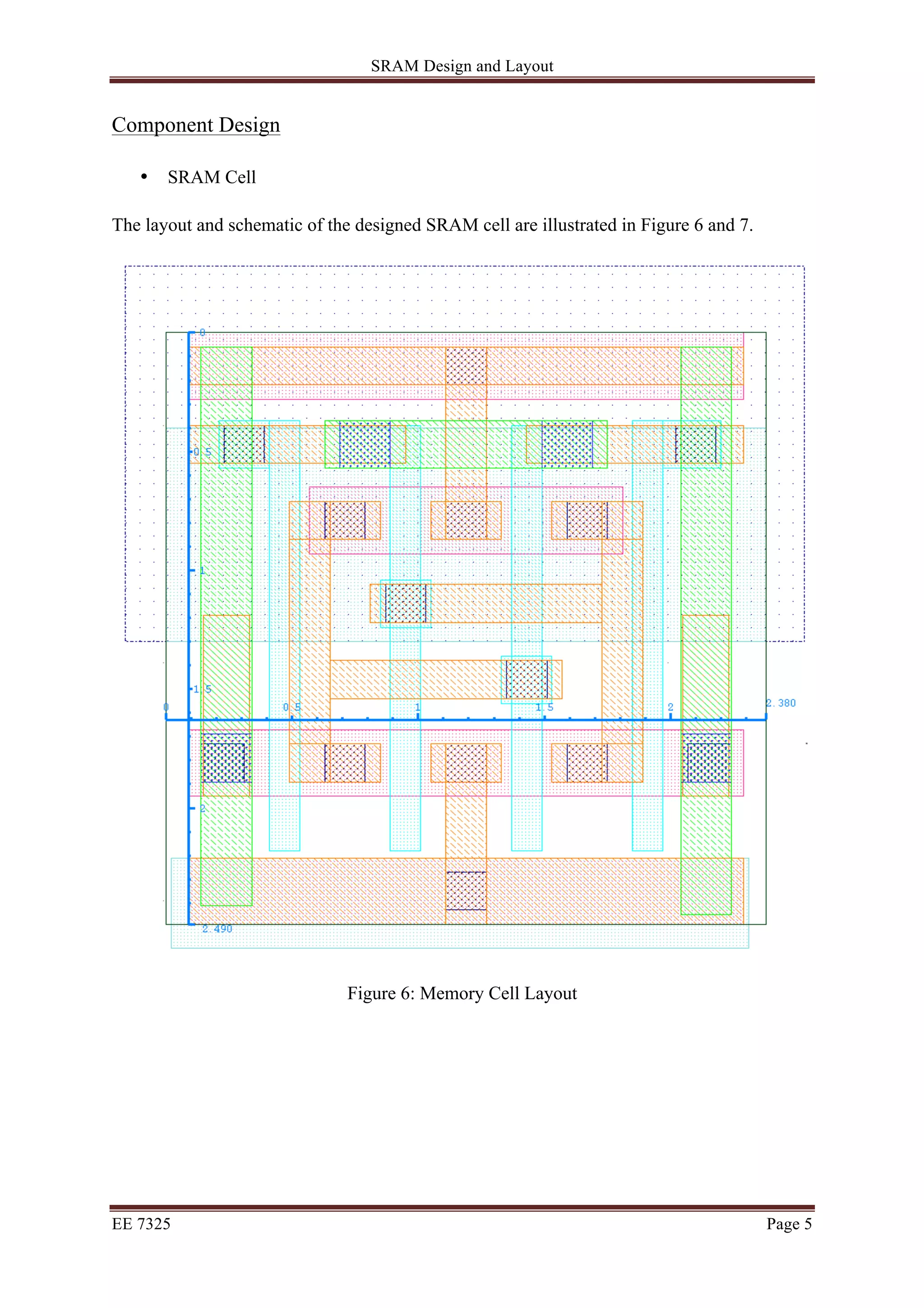 SRAM Design and Layout 
Component Design 
• SRAM Cell 
The layout and schematic of the designed SRAM cell are illustrated in Figure 6 and 7. 
Figure 6: Memory Cell Layout 
EE 7325 Page 5 
 