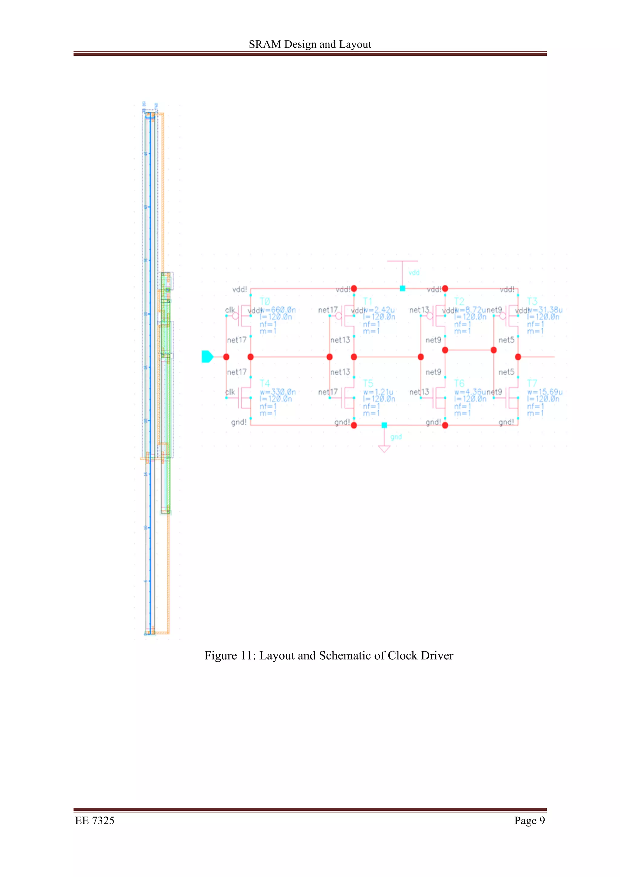 SRAM Design and Layout 
Figure 11: Layout and Schematic of Clock Driver 
EE 7325 Page 9 
 