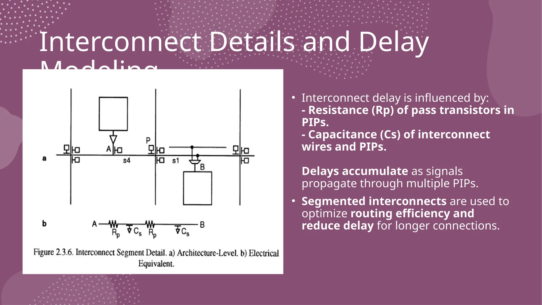 Interconnect Details and Delay Modeling • Interconnect delay is influenced by: - Resistance (Rp) of pass transistors in PIPs. - Capacitance (Cs) of interconnect wires and PIPs. Delays accumulate as signals propagate through multiple PIPs. • Segmented interconnects are used to optimize routing efficiency and reduce delay for longer connections. 