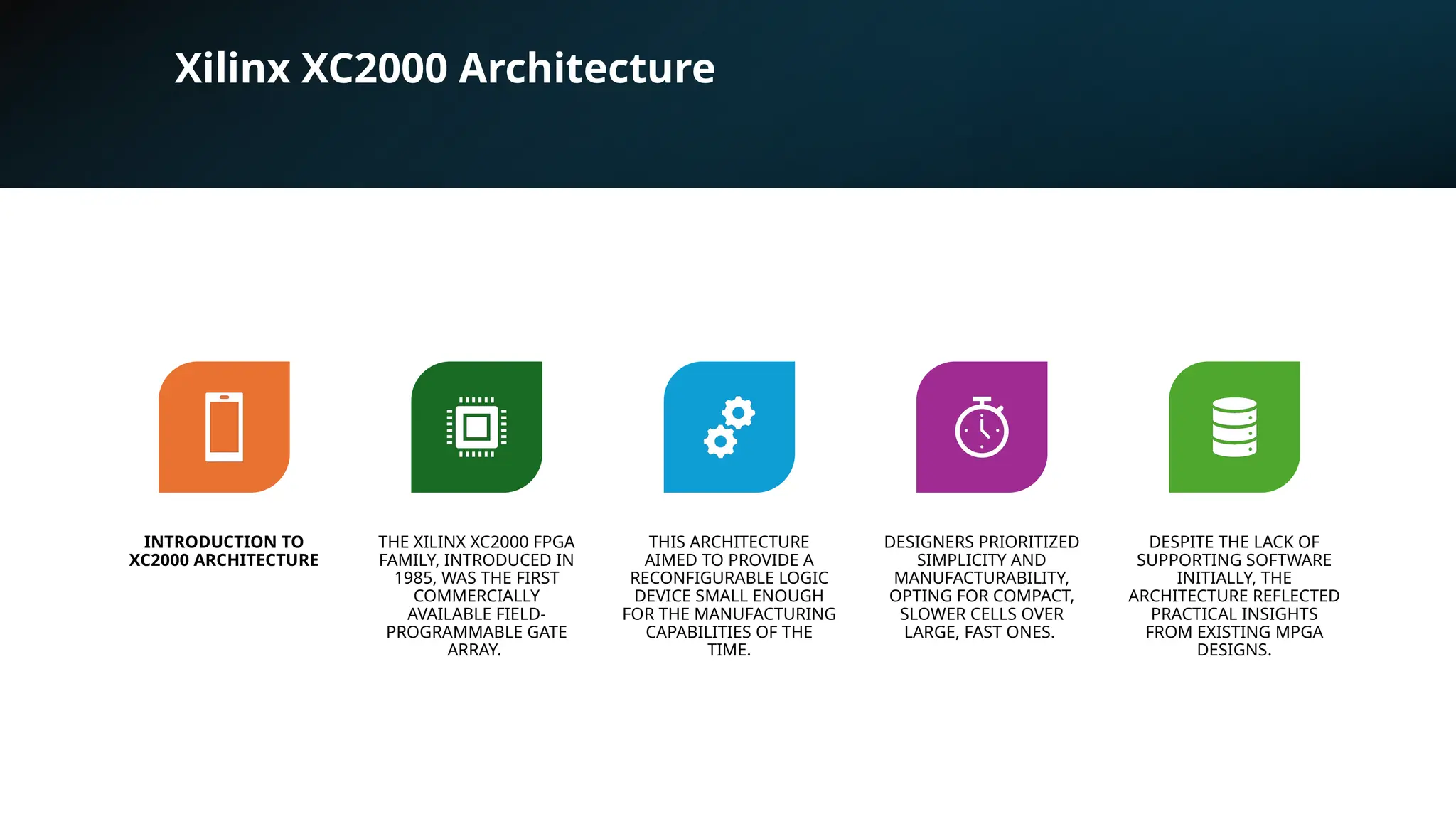 Xilinx XC2000 Architecture INTRODUCTION TO XC2000 ARCHITECTURE THE XILINX XC2000 FPGA FAMILY, INTRODUCED IN 1985, WAS THE FIRST COMMERCIALLY AVAILABLE FIELD- PROGRAMMABLE GATE ARRAY. THIS ARCHITECTURE AIMED TO PROVIDE A RECONFIGURABLE LOGIC DEVICE SMALL ENOUGH FOR THE MANUFACTURING CAPABILITIES OF THE TIME. DESIGNERS PRIORITIZED SIMPLICITY AND MANUFACTURABILITY, OPTING FOR COMPACT, SLOWER CELLS OVER LARGE, FAST ONES. DESPITE THE LACK OF SUPPORTING SOFTWARE INITIALLY, THE ARCHITECTURE REFLECTED PRACTICAL INSIGHTS FROM EXISTING MPGA DESIGNS. 