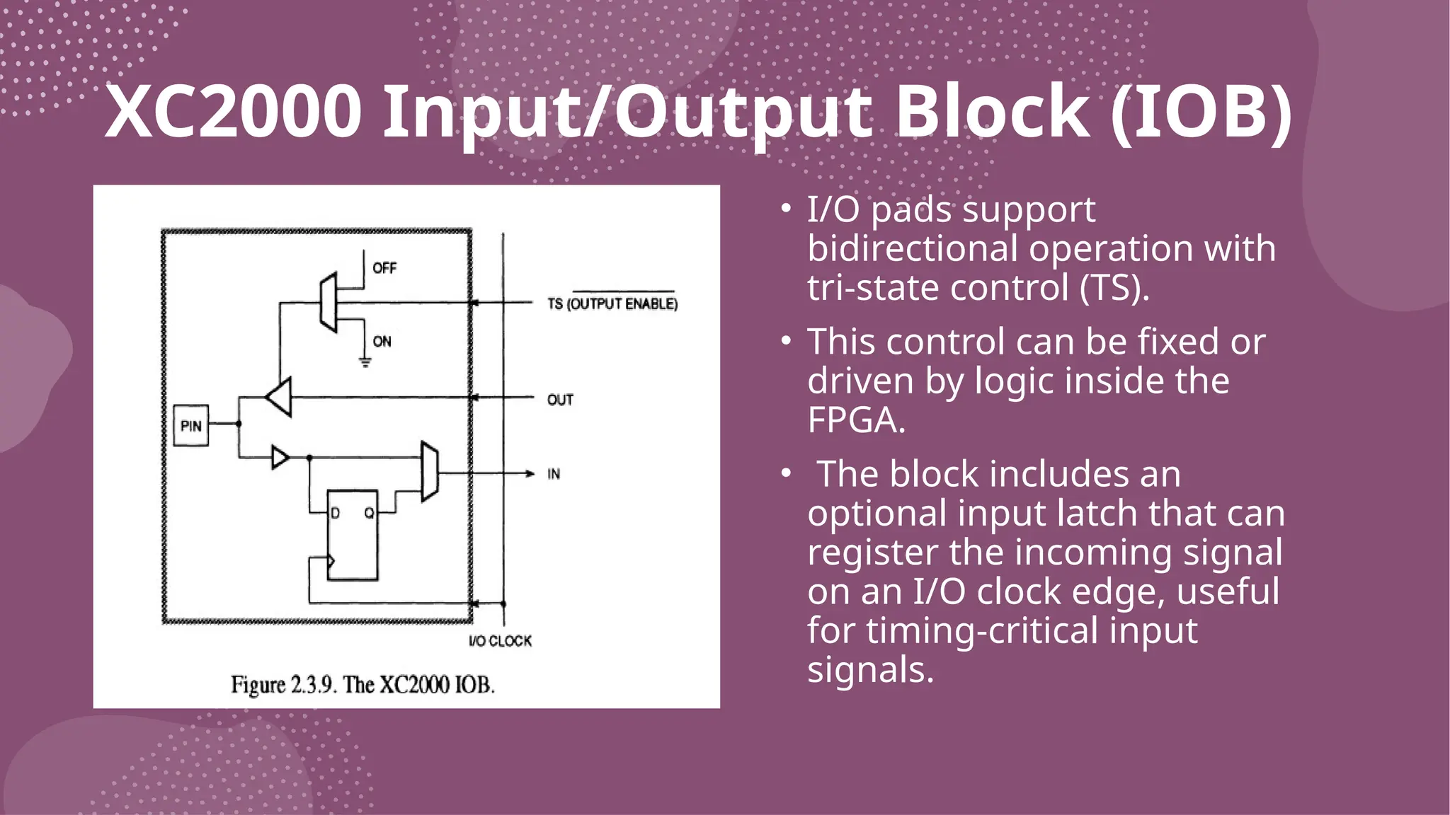 XC2000 Input/Output Block (IOB) • I/O pads support bidirectional operation with tri-state control (TS). • This control can be fixed or driven by logic inside the FPGA. • The block includes an optional input latch that can register the incoming signal on an I/O clock edge, useful for timing-critical input signals. 