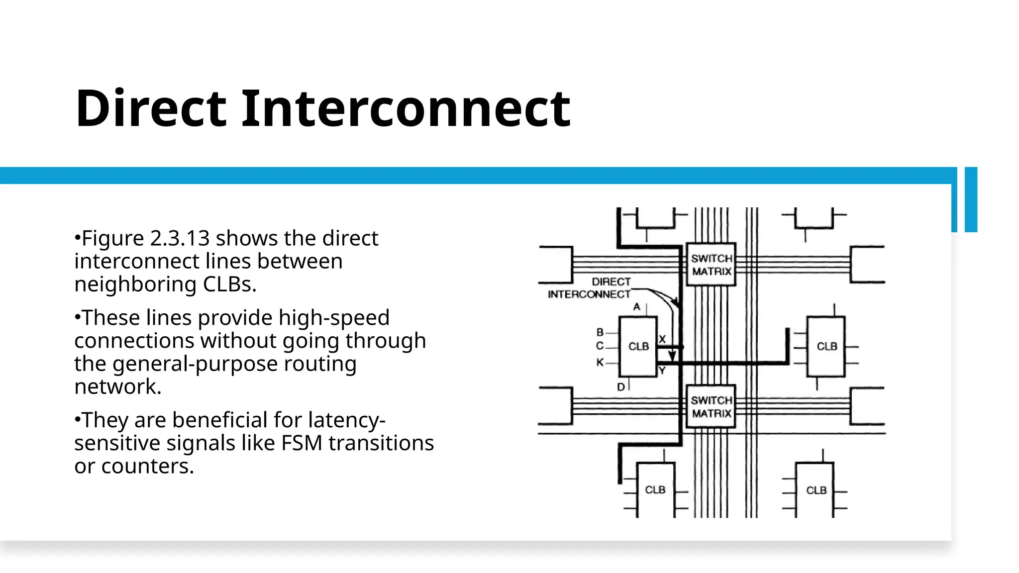 Direct Interconnect •Figure 2.3.13 shows the direct interconnect lines between neighboring CLBs. •These lines provide high-speed connections without going through the general-purpose routing network. •They are beneficial for latency- sensitive signals like FSM transitions or counters. 