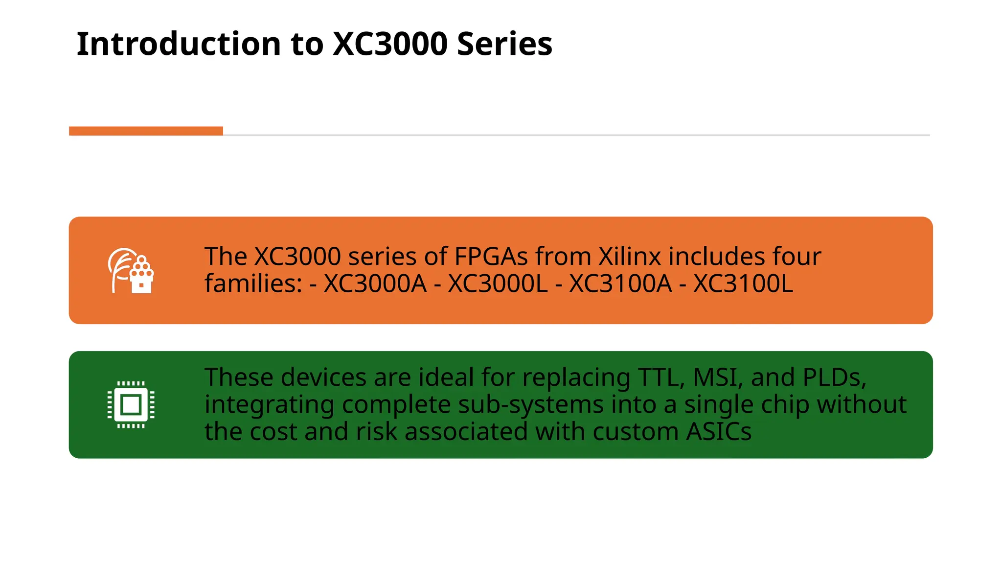 Introduction to XC3000 Series The XC3000 series of FPGAs from Xilinx includes four families: - XC3000A - XC3000L - XC3100A - XC3100L These devices are ideal for replacing TTL, MSI, and PLDs, integrating complete sub-systems into a single chip without the cost and risk associated with custom ASICs 