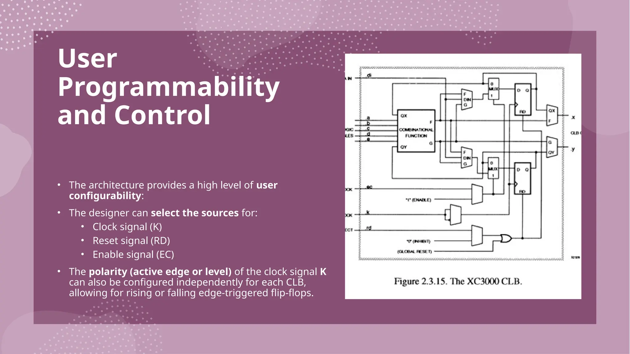 User Programmability and Control • The architecture provides a high level of user configurability: • The designer can select the sources for: • Clock signal (K) • Reset signal (RD) • Enable signal (EC) • The polarity (active edge or level) of the clock signal K can also be configured independently for each CLB, allowing for rising or falling edge-triggered flip-flops. 
