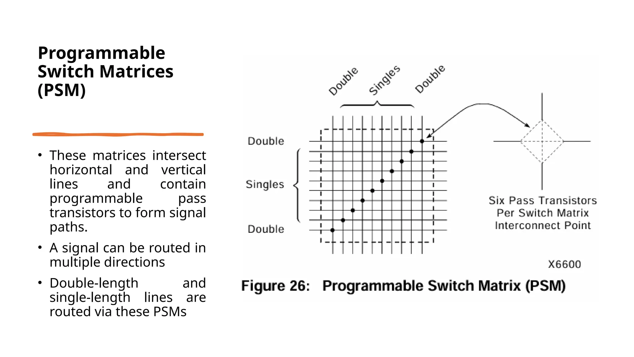 Programmable Switch Matrices (PSM) • These matrices intersect horizontal and vertical lines and contain programmable pass transistors to form signal paths. • A signal can be routed in multiple directions • Double-length and single-length lines are routed via these PSMs 