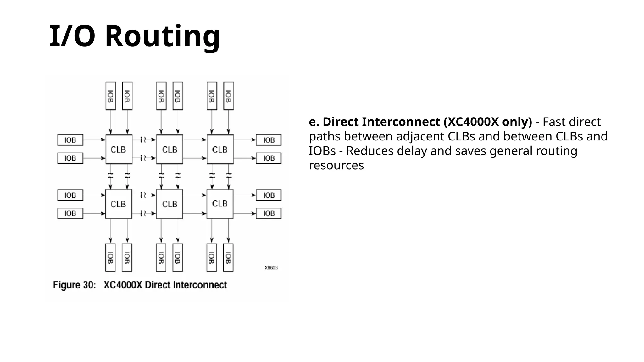 I/O Routing e. Direct Interconnect (XC4000X only) - Fast direct paths between adjacent CLBs and between CLBs and IOBs - Reduces delay and saves general routing resources 
