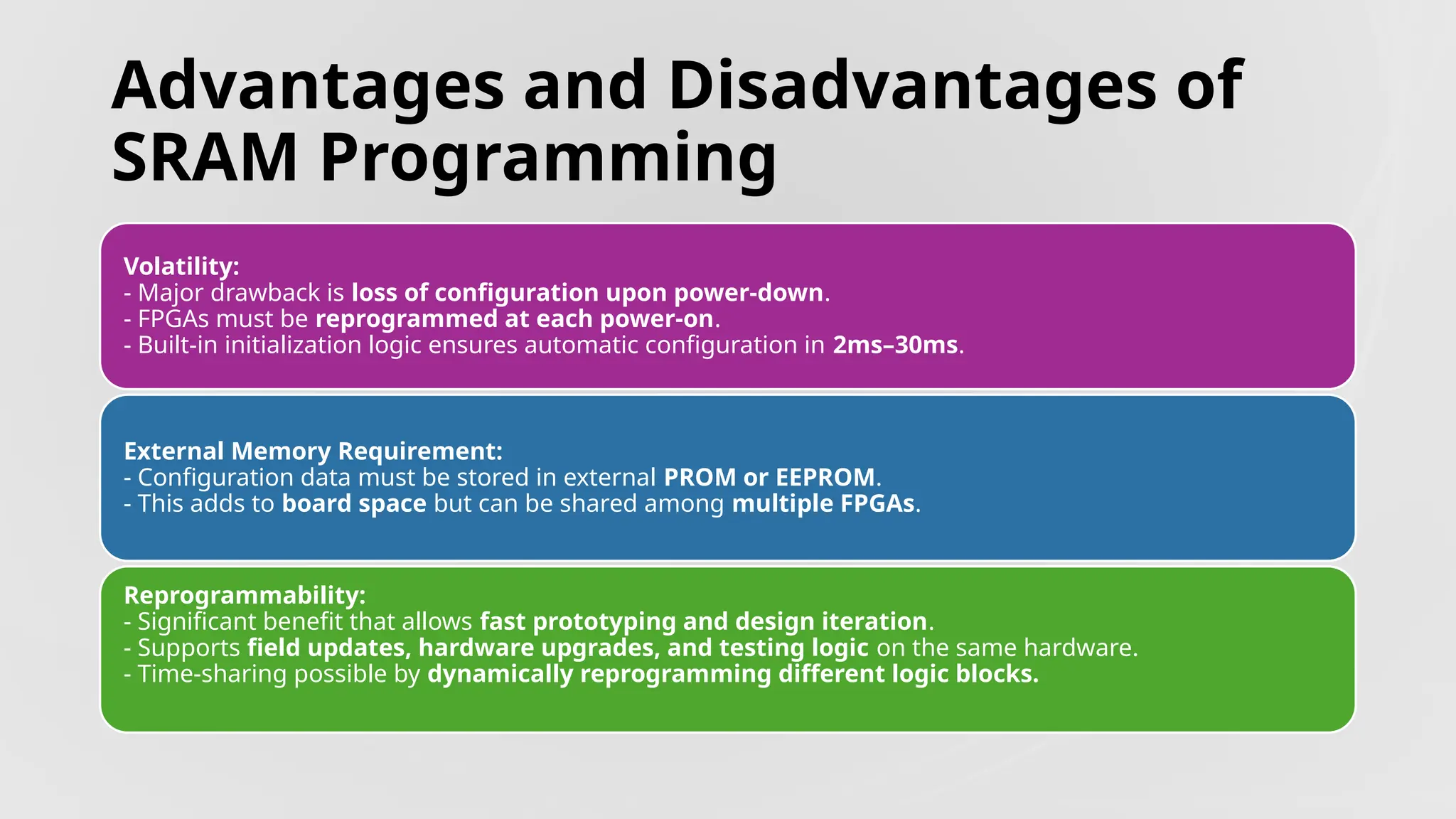 Advantages and Disadvantages of SRAM Programming Volatility: - Major drawback is loss of configuration upon power-down. - FPGAs must be reprogrammed at each power-on. - Built-in initialization logic ensures automatic configuration in 2ms–30ms. External Memory Requirement: - Configuration data must be stored in external PROM or EEPROM. - This adds to board space but can be shared among multiple FPGAs. Reprogrammability: - Significant benefit that allows fast prototyping and design iteration. - Supports field updates, hardware upgrades, and testing logic on the same hardware. - Time-sharing possible by dynamically reprogramming different logic blocks. 