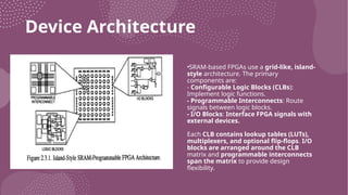 Device Architecture
•SRAM-based FPGAs use a grid-like, island-
style architecture. The primary
components are:
- Configurable Logic Blocks (CLBs):
Implement logic functions.
- Programmable Interconnects: Route
signals between logic blocks.
- I/O Blocks: Interface FPGA signals with
external devices.
Each CLB contains lookup tables (LUTs),
multiplexers, and optional flip-flops. I/O
blocks are arranged around the CLB
matrix and programmable interconnects
span the matrix to provide design
flexibility.
 