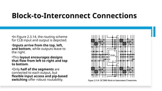 Block-to-Interconnect Connections
•In Figure 2.3.14, the routing scheme
for CLB input and output is depicted.
•Inputs arrive from the top, left,
and bottom, while outputs leave to
the right.
•This layout encourages designs
that flow from left to right and top
to bottom.
•Only half of the segments are
connected to each output, but
flexible input access and pip-based
switching offer robust routability.
 