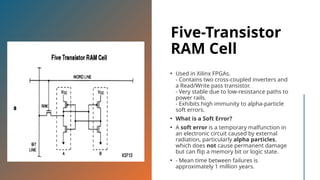 Five-Transistor
RAM Cell
• Used in Xilinx FPGAs.
- Contains two cross-coupled inverters and
a Read/Write pass transistor.
- Very stable due to low-resistance paths to
power rails.
- Exhibits high immunity to alpha-particle
soft errors.
• What is a Soft Error?
• A soft error is a temporary malfunction in
an electronic circuit caused by external
radiation, particularly alpha particles,
which does not cause permanent damage
but can flip a memory bit or logic state.
• - Mean time between failures is
approximately 1 million years.
 