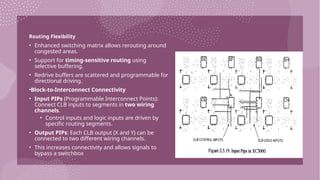 Routing Flexibility
• Enhanced switching matrix allows rerouting around
congested areas.
• Support for timing-sensitive routing using
selective buffering.
• Redrive buffers are scattered and programmable for
directional driving.
•Block-to-Interconnect Connectivity
• Input PIPs (Programmable Interconnect Points):
Connect CLB inputs to segments in two wiring
channels.
• Control inputs and logic inputs are driven by
specific routing segments.
• Output PIPs: Each CLB output (X and Y) can be
connected to two different wiring channels.
• This increases connectivity and allows signals to
bypass a switchbox
 
