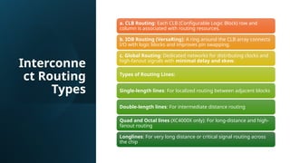 Interconne
ct Routing
Types
a. CLB Routing: Each CLB (Configurable Logic Block) row and
column is associated with routing resources.
b. IOB Routing (VersaRing): A ring around the CLB array connects
I/O with logic blocks and improves pin swapping.
c. Global Routing: Dedicated networks for distributing clocks and
high-fanout signals with minimal delay and skew.
Types of Routing Lines:
Single-length lines: For localized routing between adjacent blocks
Double-length lines: For intermediate distance routing
Quad and Octal lines (XC4000X only): For long-distance and high-
fanout routing
Longlines: For very long distance or critical signal routing across
the chip
 