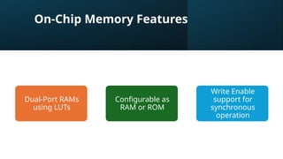 On-Chip Memory Features
Dual-Port RAMs
using LUTs
Configurable as
RAM or ROM
Write Enable
support for
synchronous
operation
 