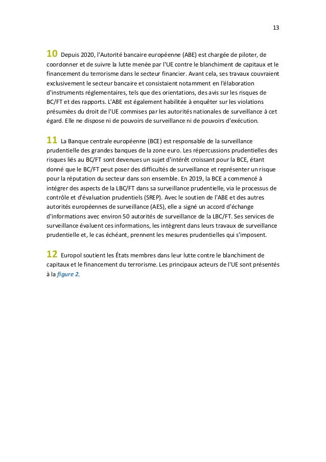 13
10 Depuis 2020, l'Autorité bancaire européenne (ABE) est chargée de piloter, de
coordonner et de suivre la lutte menée ...