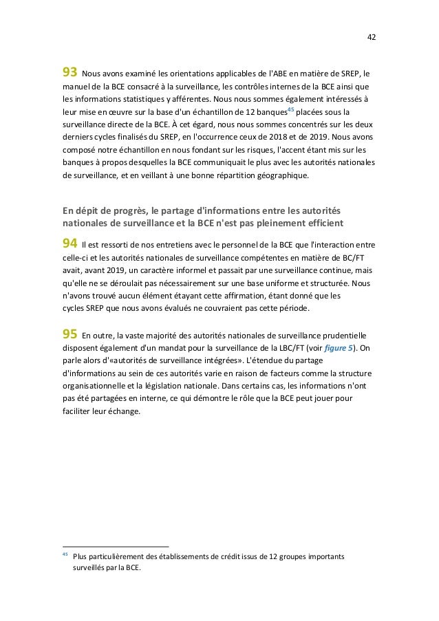 42
93 Nous avons examiné les orientations applicables de l'ABE en matière de SREP, le
manuel de la BCE consacré à la surve...