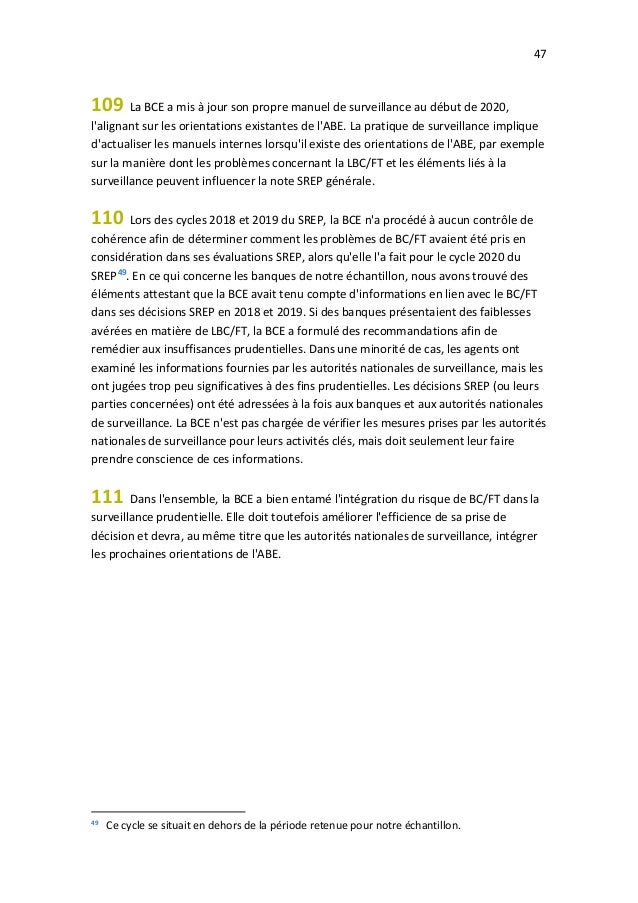 47
109 La BCE a mis à jour son propre manuel de surveillance au début de 2020,
l'alignant sur les orientations existantes ...