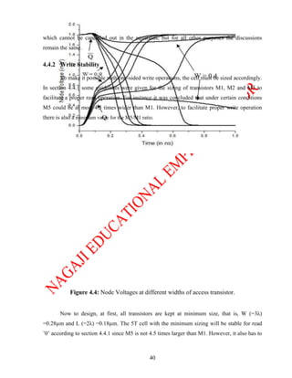 which cannot be cancelled out in the equations, but for all other purposes the discussions
remain the same.

4.4.2 Write Stability

       To make it possible with one-sided write operations, the cell must be sized accordingly.
In section 4.4.1 some guidelines were given for the sizing of transistors M1, M2 and M5 to
facilitate a proper read operation. For instance it was concluded that under certain conditions
M5 could be at most 4.5 times wider than M1. However, to facilitate proper write operation
there is also a minimum value for the M5/M1 ratio.




            Figure 4.4: Node Voltages at different widths of access transistor.


       Now to design, at first, all transistors are kept at minimum size, that is, W (=3λ)
=0.28µm and L (=2λ) =0.18µm. The 5T cell with the minimum sizing will be stable for read
’0’ according to section 4.4.1 since M5 is not 4.5 times larger than M1. However, it also has to



                                                40
 