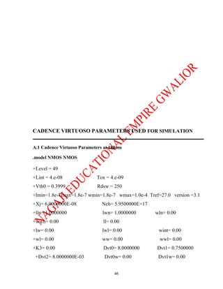 CADENCE VIRTUOSO PARAMETERS USED FOR SIMULATION

A.1 Cadence Virtuoso Parameters at 180nm

.model NMOS NMOS

+Level = 49
+Lint = 4.e-08              Tox = 4.e-09
+Vth0 = 0.3999              Rdsw = 250
+lmin=1.8e-7lmax=1.8e-7 wmin=1.8e-7 wmax=1.0e-4 Tref=27.0 version =3.1
+Xj= 6.0000000E-08             Nch= 5.9500000E+17
+lln= 1.0000000                lwn= 1.0000000       wln= 0.00
+wwn= 0.00                     ll= 0.00
+lw= 0.00                      lwl= 0.00             wint= 0.00
+wl= 0.00                      ww= 0.00              wwl= 0.00
+K3= 0.00                      Dvt0= 8.0000000      Dvt1= 0.7500000
 +Dvt2= 8.0000000E-03           Dvt0w= 0.00          Dvt1w= 0.00


                                    46
 