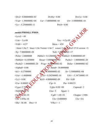 +Dvt2= 8.0000000E-03                Dvt0w= 0.00                     Dvt1w= 0.00
+Vsat= 1.3800000E+05        Ua= -7.0000000E-10          Ub= 3.5000000E-18
+Uc= -5.2500000E-11                            Prwb= 0.00


.model PMOSLL PMOS
+Level = 49
+Lint = 3.e-08                                 Tox = 4.2e-09
+Vth0 = -0.57                           Rdsw = 450
 +lmin=1.8e-7 lmax=1.8e-7wmin=1.8e-7 wmax=1.0e-4 Tref=27.0 version =3.
+Xj= 7.0000000E-08                      Nch= 5.9200000E+17
+Pclm= 2.0000000          Pdiblc1= 0.1200000        Pdiblc2= 8.0000000E-05
+Pdiblcb= 0.1450000        Drout= 5.0000000E-02        Pscbe1= 1.0000000E-20
+Pscbe2= 1.0000000E-20       Pvag= -6.0000000E-02        Delta= 1.0000000E-02
+Alpha0= 0.00                         Beta0= 30.0000000
+kt1= -0.3700000            kt2= -4.0000000E-02        At= 5.5000000E+04
+Ute= -1.4800000             Ua1= 9.5829000E-10          Ub1= -3.3473000E-19
+Uc1= 0.00                  Kt1l= 4.0000000E-09         Prt= 0.00
+Cta= 0.00093                        Ctp= 0          Pta= 0.00153
+Cgso=2.786E-10                       Cgbo=0.0E+00             Capmod= 2
+NQSMOD= 0                           Elm= 5       Xpart= 1
+Cgsl= 1.6E-10                         Cgdl= 1.6E-10           Ckappa= 2.886
+Cf= 1.058e-10                          Clc= 0.0000001              Cle= 0.6
+Dlc= 3E-08      Dwc= 0               Vfbcv= -1




                                      49
 