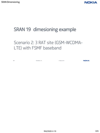 RA23500-V-19
SRAN Dimensioning
101 RA23500-V-19 © Nokia 2019
SRAN 19 dimesioning example
Scenario 2: 3 RAT site (GSM-WCDMA-
LTE) with FSMF baseband
101
 