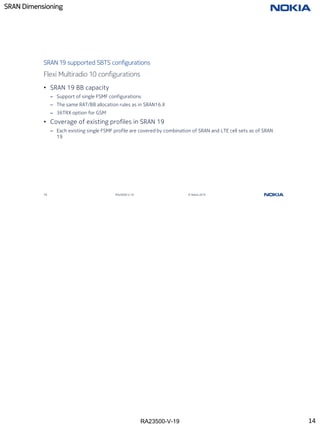 RA23500-V-19
SRAN Dimensioning
14 RA23500-V-19 © Nokia 2019
Flexi Multiradio 10 configurations
SRAN 19 supported SBTS configurations
• SRAN 19 BB capacity
– Support of single FSMF configurations
– The same RAT/BB allocation rules as in SRAN16.X
– 36TRX option for GSM
• Coverage of existing profiles in SRAN 19
– Each existing single FSMF profile are covered by combination of SRAN and LTE cell sets as of SRAN
19
14
 