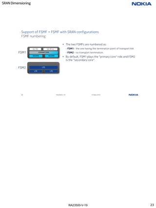 RA23500-V-19
SRAN Dimensioning
23 RA23500-V-19 © Nokia 2019
FSMF numbering
Support of FSMF + FSMF with SRAN configurations
WCDMA
GSM&WCDMA
WCDMA
Opt. PDU Opt.TRS ext
LTE LTE
LTE
• The two FSMFs are numbered as:
- FSM1 - the one having the termination point of transport link
- FSM2 - no transport termination.
• By default, FSM1 plays the "primary core" role and FSM2
is the "secondary core".
FSM2
FSM1
23
 