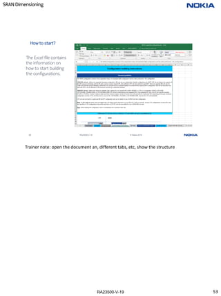 RA23500-V-19
SRAN Dimensioning
53 RA23500-V-19 © Nokia 2019
How to start?
The Excel file contains
the information on
how to start building
the configurations.
Trainer note: open the document an, different tabs, etc, show the structure
53
 