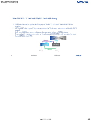 RA23500-V-19
SRAN Dimensioning
83 RA23500-V-19 © Nokia 2019
SR001291 SBTS LTE - WCDMA (FSME/D) classical RF sharing
• SBTS can be used together with legacy WCDMA BTS for classical WCDMA/LTE RF-
sharing.
• LTE/GSM RF-sharing or GSM-only or another WCDMA-layer are supported inside SBTS
as well.
• Only one WCDMA system module can be operated with one SBTS instance
• From network management point of view legacy WCDMA BTS is still operated as own,
logical BTS (NetAct, EM).
83
 