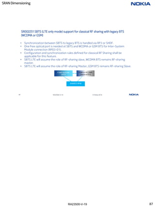 RA23500-V-19
SRAN Dimensioning
87 RA23500-V-19 © Nokia 2019
SR002251 SBTS (LTE only mode) support for classical RF sharing with legacy BTS
(WCDMA or GSM)
• Synchronization between SBTS to legacy BTS is handled via RP3 or SHDF.
• One free optical port is needed at SBTS and WCDMA or GSM BTS for Inter-System
Module connection (RP03-01).
• Configuration and synchronization rules defined for classical RF Sharing shall be
applicable for this feature.
• SBTS LTE will assume the role of RF-sharing slave, WCDMA BTS remains RF-sharing
master.
• SBTS LTE will assume the role of RF-sharing Master, GSM BTS remains RF-sharing Slave.
87
 