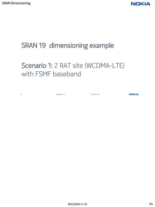 RA23500-V-19
SRAN Dimensioning
91 RA23500-V-19 © Nokia 2019
SRAN 19 dimensioning example
Scenario 1: 2 RAT site (WCDMA-LTE)
with FSMF baseband
91
 