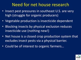 Need for net house researchInsect pest pressures in southeast U.S. are very high (struggle for organic producers)Vegetable production is insecticide dependentBlocking insects by physical exclusion reduces insecticide use (nothing new!)Net house is a closed crop production system that excludes insect pests via a physical barrier.Could be of interest to organic farmers…