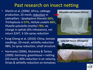 Past research on insect nettingMartin et al. (2006): Africa, cabbage production, 25-mesh, reduction in caterpillars - Spodopteralittoralis66%, Trichoplusiani97%, Hellulaundalis88%, Plutellaxylostella (moths) 78%, no change in aphids (6% infestation), net return $247, 3-10x spray reductionFang-Cheng et al. (2010): China, tomato seedlings, 50-mesh, whitefly reduction 98%, 5x spray reduction, small structureHarmanto (2006), Mutwiwa & Tantau (2009): Germany, greenhouse + netting (50-mesh), 40% reduction in air velocity, thrips & whitefly reduction on tomatoesMovable net house (Africa)Low net house (Malaysia)