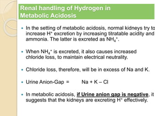 Renal handling of Hydrogen in 
Metabolic Acidosis 
 In the setting of metabolic acidosis, normal kidneys try to 
increase H+ excretion by increasing titratable acidity and 
ammonia. The latter is excreted as NH+. 
4 
 When NH4 
+ is excreted, it also causes increased 
chloride loss, to maintain electrical neutrality. 
 Chloride loss, therefore, will be in excess of Na and K. 
 Urine Anion-Gap = Na + K – Cl 
 In metabolic acidosis, if Urine anion gap is negative, it 
suggests that the kidneys are excreting H+ effectively. 
 