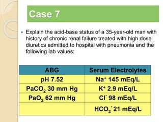 Case 7 
 Explain the acid-base status of a 35-year-old man with 
history of chronic renal failure treated with high dose 
diuretics admitted to hospital with pneumonia and the 
following lab values: 
ABG Serum Electrolytes 
pH 7.52 Na+ 145 mEq/L 
PaCO2 30 mm Hg K+ 2.9 mEq/L 
PaO2 62 mm Hg Cl- 98 mEq/L 
HCO3 
- 21 mEq/L 
 
