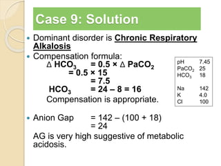 Case 9: Solution 
 Dominant disorder is Chronic Respiratory 
Alkalosis 
 Compensation formula: 
Δ HCO3 = 0.5 × Δ PaCO2 
= 0.5 × 15 
= 7.5 
HCO3 = 24 – 8 = 16 
Compensation is appropriate. 
 Anion Gap = 142 – (100 + 18) 
= 24 
pH 7.45 
PaCO2 25 
HCO3 18 
Na 142 
K 4.0 
Cl 100 
AG is very high suggestive of metabolic 
acidosis. 
 