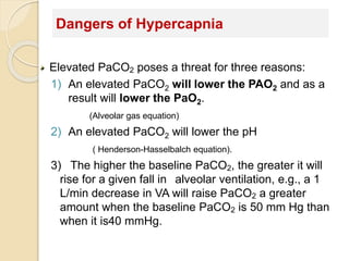 Dangers of Hypercapnia 
Elevated PaCO2 poses a threat for three reasons: 
1) An elevated PaCO2 will lower the PAO2 and as a 
result will lower the PaO2. 
(Alveolar gas equation) 
2) An elevated PaCO2 will lower the pH 
( Henderson-Hasselbalch equation). 
3) The higher the baseline PaCO2, the greater it will 
rise for a given fall in alveolar ventilation, e.g., a 1 
L/min decrease in VA will raise PaCO2 a greater 
amount when the baseline PaCO2 is 50 mm Hg than 
when it is40 mmHg. 
 