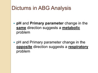 Dictums in ABG Analysis 
 pH and Primary parameter change in the 
same direction suggests a metabolic 
problem 
 pH and Primary parameter change in the 
opposite direction suggests a respiratory 
problem 
 