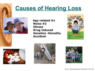 By, Dr. Shamanthakamani Narendran, MD, PhD
Causes of Hearing Loss
Age related #1
Noise #2
Illness
Drug induced
Genetics -H...