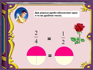 4
2
2
1
=
=
Две равные дроби обозначают одно
и то же дробное число.
 