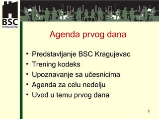 Agenda prvog dana Predstavljanje  BSC Kragujevac Trening kodeks Upoznavanje sa učesnicima Agenda za celu nedelju Uvod u temu prvog dana 