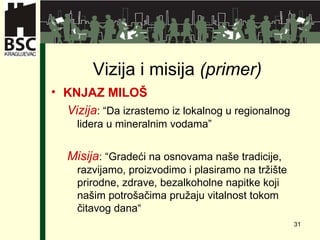 Vizija i misija  (primer) KNJAZ MILOŠ Vizija : “Da izrastemo iz lokalnog u regionalnog lidera u mineralnim vodama” Misija : “Gradeći na osnovama naše tradicije, razvijamo, proizvodimo i plasiramo na tržište prirodne, zdrave, bezalkoholne napitke koji našim potrošačima pružaju vitalnost tokom čitavog dana“ 