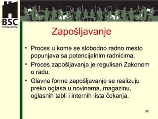 Zapošljavanje Proces u kome se slobodno radno mesto popunjava   sa potencijalnim radnicima . Proces zapošljavanja je regulisan Zakonom o radu . Glavne forme zapošljavanje se realizuju preko   oglasa u novinama ,  magazinu ,  oglasnih tabli   i internih lista čekanja . 