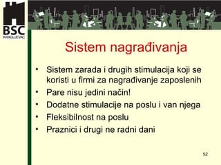 Sistem nagrađivanja Sistem zarada i drugih stimulacija koji se koristi u firmi za nagrađivanje zaposlenih Pare nisu jedini način! Dodatne stimulacije na poslu i van njega Fleksibilnost na poslu Praznici i drugi ne radni dani 
