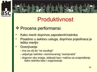 Produktivnost Procena performansi : Kako meriti doprinos zaposlenih/radnika Posebno u sektoru usluga, doprinos pojedinaca je teško merljiv Ocenjivanje -  ima za cilj da “ne osuđuje” -  uključuje radnike i nominovanog “ocenjivača” -  dogovor oko snaga, slabosti   kao i načina za unapređenje kako radnika tako i organizacije 
