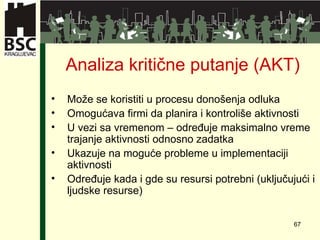 Analiza kritične putanje (AKT) Može se koristiti u procesu donošenja odluka Omogućava firmi da planira i kontroliše  aktivnosti U vezi sa vremenom  –  određuje maksimalno vreme trajanje  aktivnosti  odnosno zadatka Ukazuje na moguće probleme u implementaciji  aktivnosti Određuje kada i gde su   resursi potrebni  ( uključujući i ljudske resurse) 